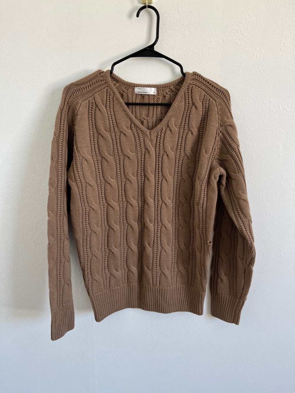American Apparel Cable Knit V-Neck Sweater - Taupe Brown *flawed*